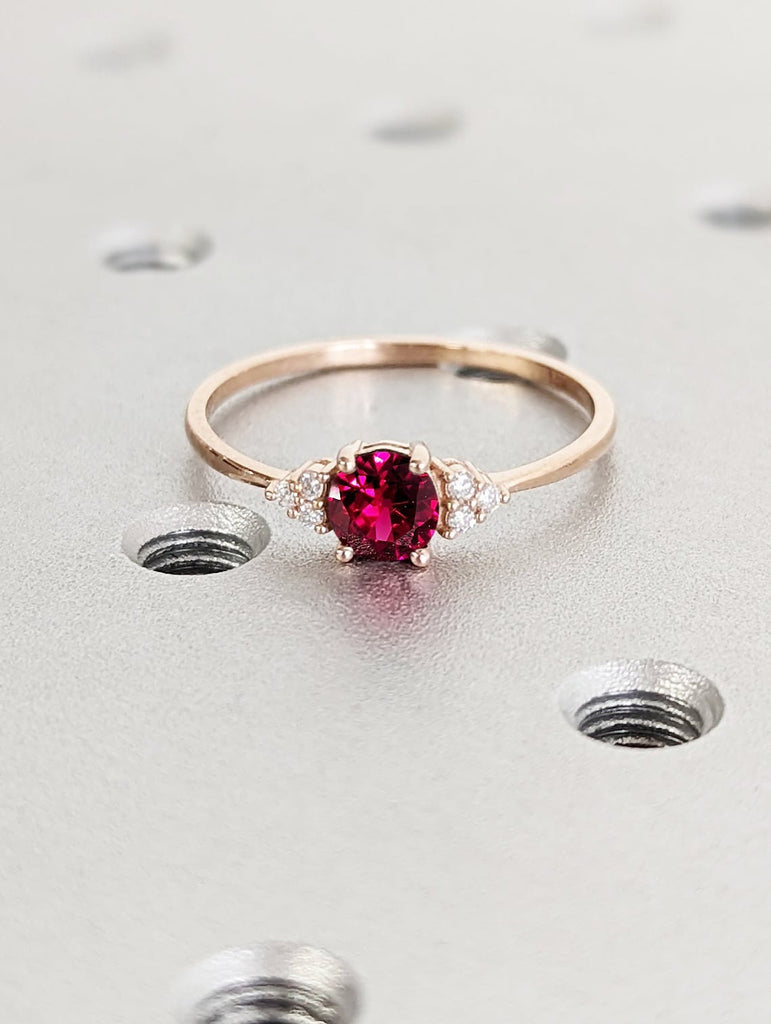 Round Red Ruby Engagement Cocktail Ring for Her | Lab Ruby Ring in 14K Rose Gold | Diamond Cluster Proposal Ring | Wedding Anniversary Gift