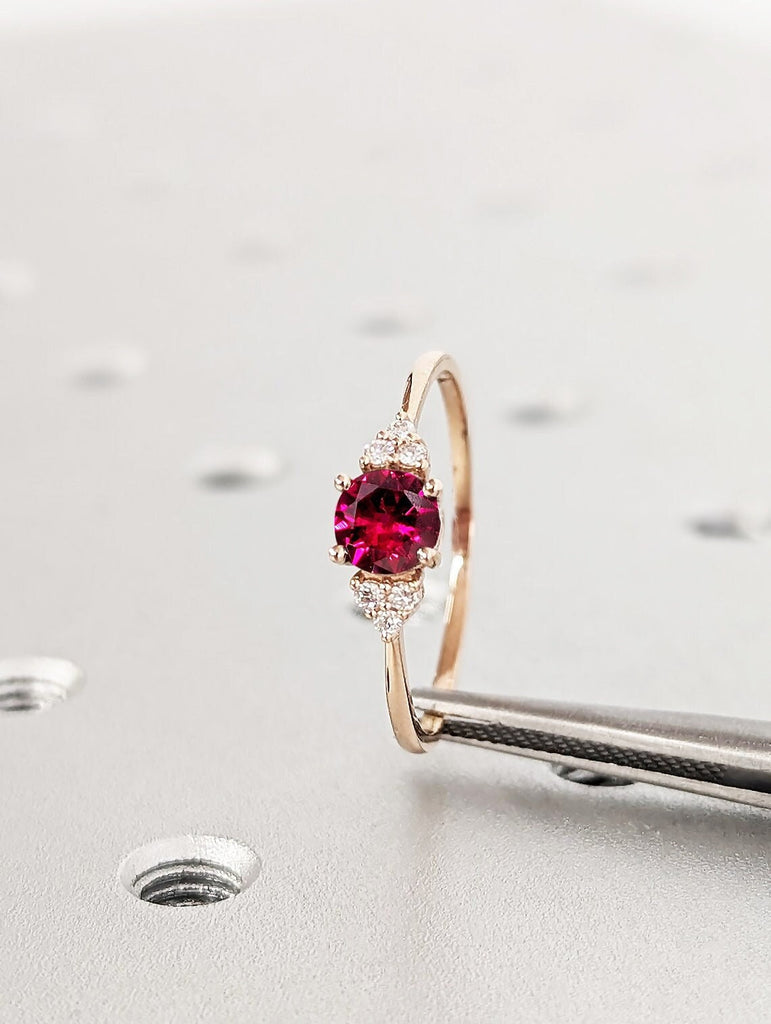 Round Red Ruby Engagement Cocktail Ring for Her | Lab Ruby Ring in 14K Rose Gold | Diamond Cluster Proposal Ring | Wedding Anniversary Gift