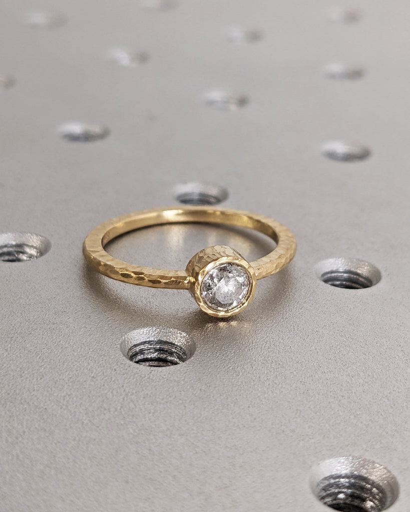 Hammered Gold Ring | Thin Wedding Band | 18k Yellow Gold Ring | Natural Diamond Solitaire Womens Wedding Band | Simple, Unique Promise Ring