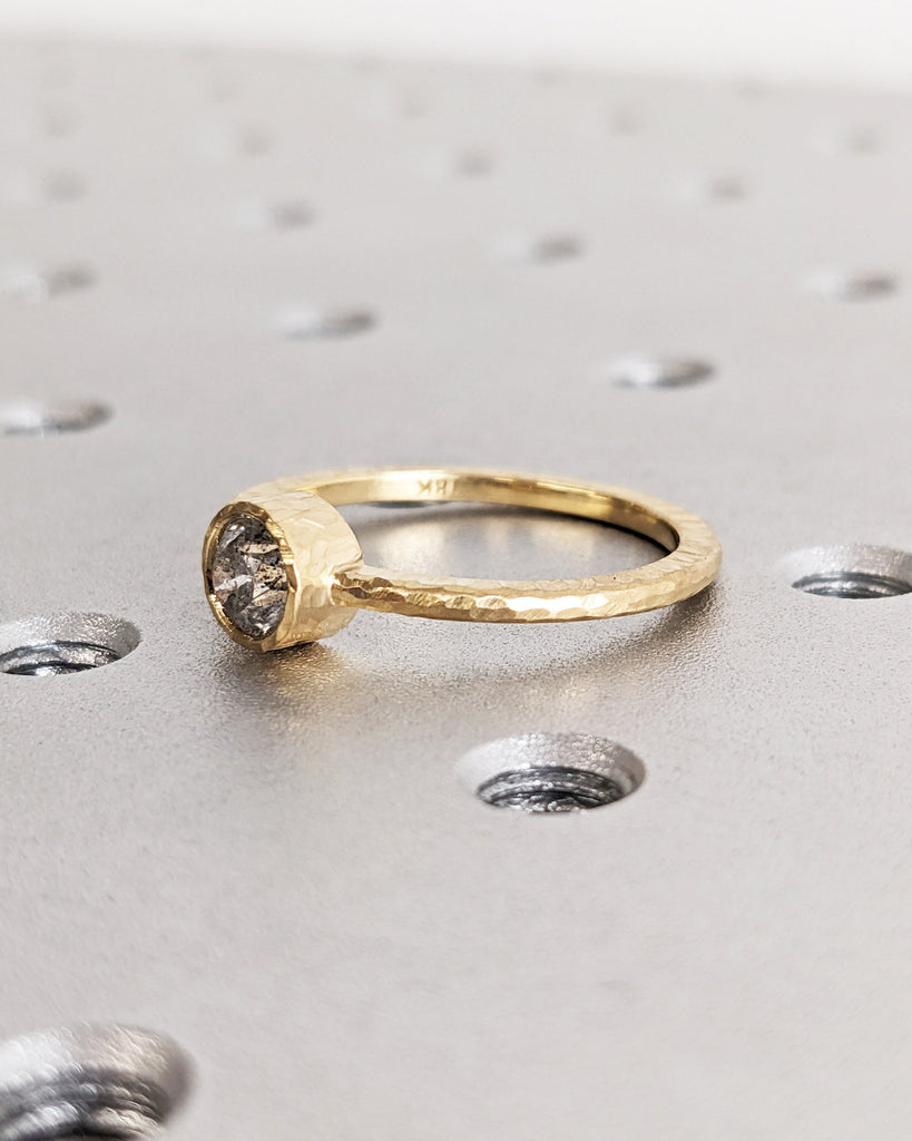 Hammered Gold Ring | Thin Wedding Band | 18k Yellow Gold Ring | Natural Diamond Solitaire Womens Wedding Band | Simple, Unique Promise Ring