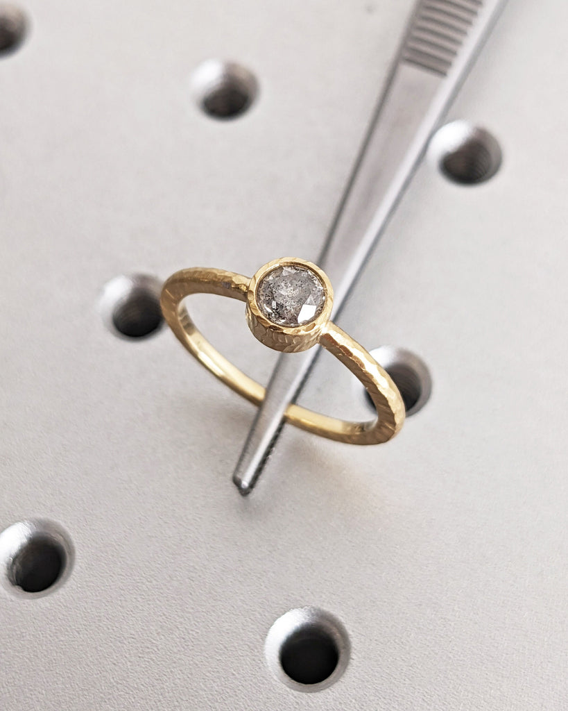 Hammered Gold Ring | Thin Wedding Band | 18k Yellow Gold Ring | Natural Diamond Solitaire Womens Wedding Band | Simple, Unique Promise Ring