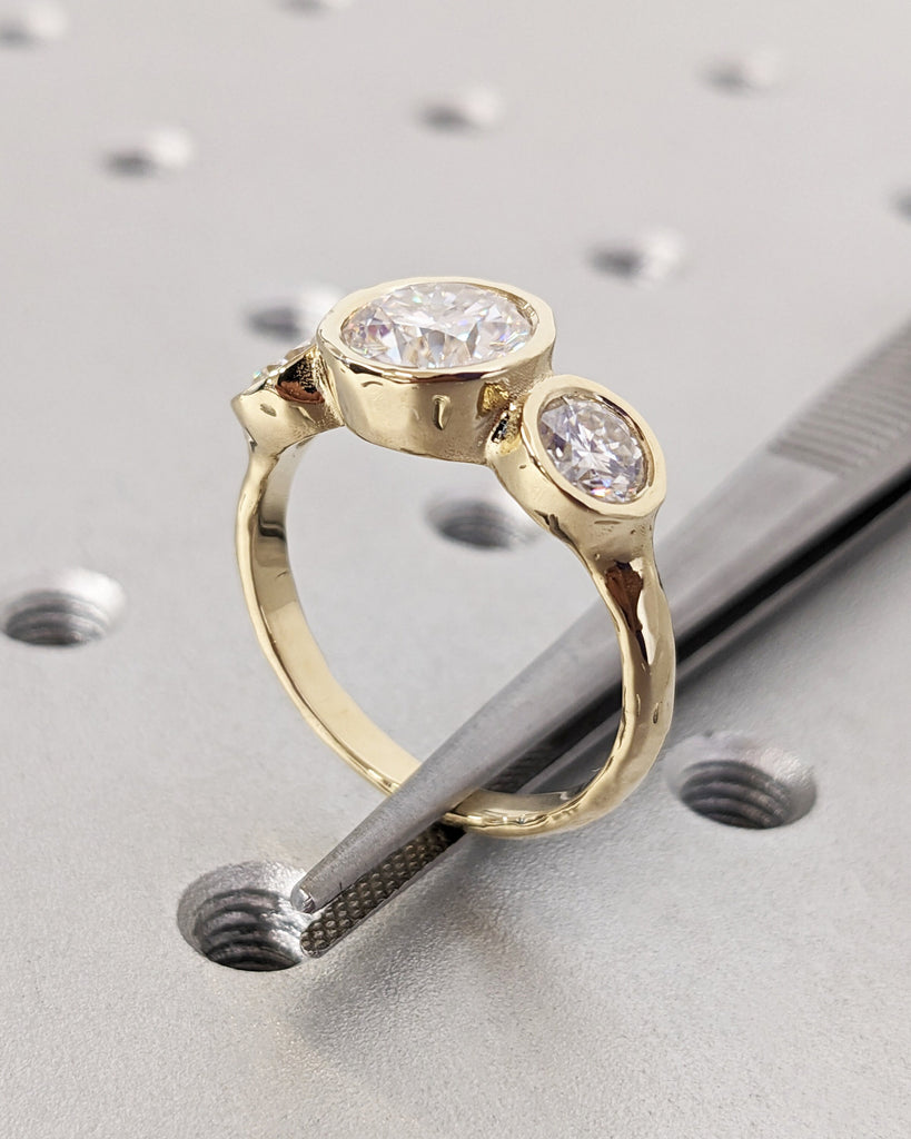 Bezel set Lab Created Diamond Promise Ring | Three Stone Engagement Ring 14K/18k Yellow Gold Bridal | Woman Ring | Past Present Future Ring