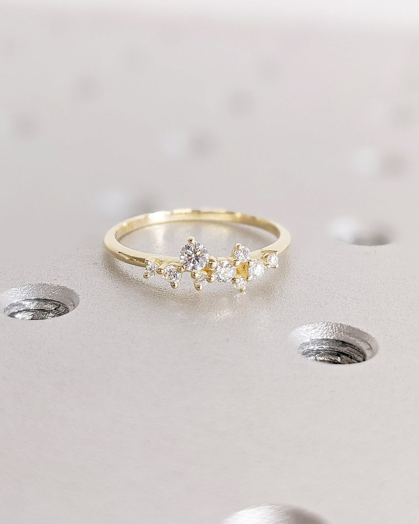 Cluster Ring in 14K Gold | Diamond Cluster Ring | Unique Diamond Stackable Ring | Diamond Wedding Band | Delicate Promise Ring Gift for Mom