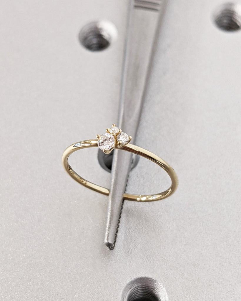 Thin Gold Stacking Rings - 1.2MM Triple Stone Ring - Minimalist Ring 14K Solid Gold - Diamond Ring - Promise Ring - Gold Dainty Cluster Ring