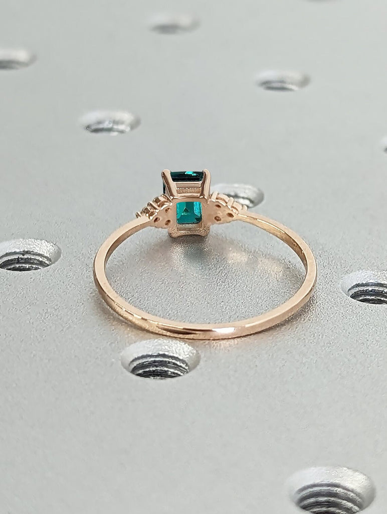 Green Lab Emerald Engagement Ring | Emerald cut May Birthstone Ring | Art Deco Unique Multi Stone Diamond Ring | Rose Gold Promise Ring