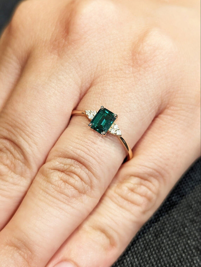 Vintage 1ct Lab Emerald Engagement Ring Emerald Cut | Antique 14K 18K Rose Gold Emerald Wedding Ring for Her | Woman Proposal Ring