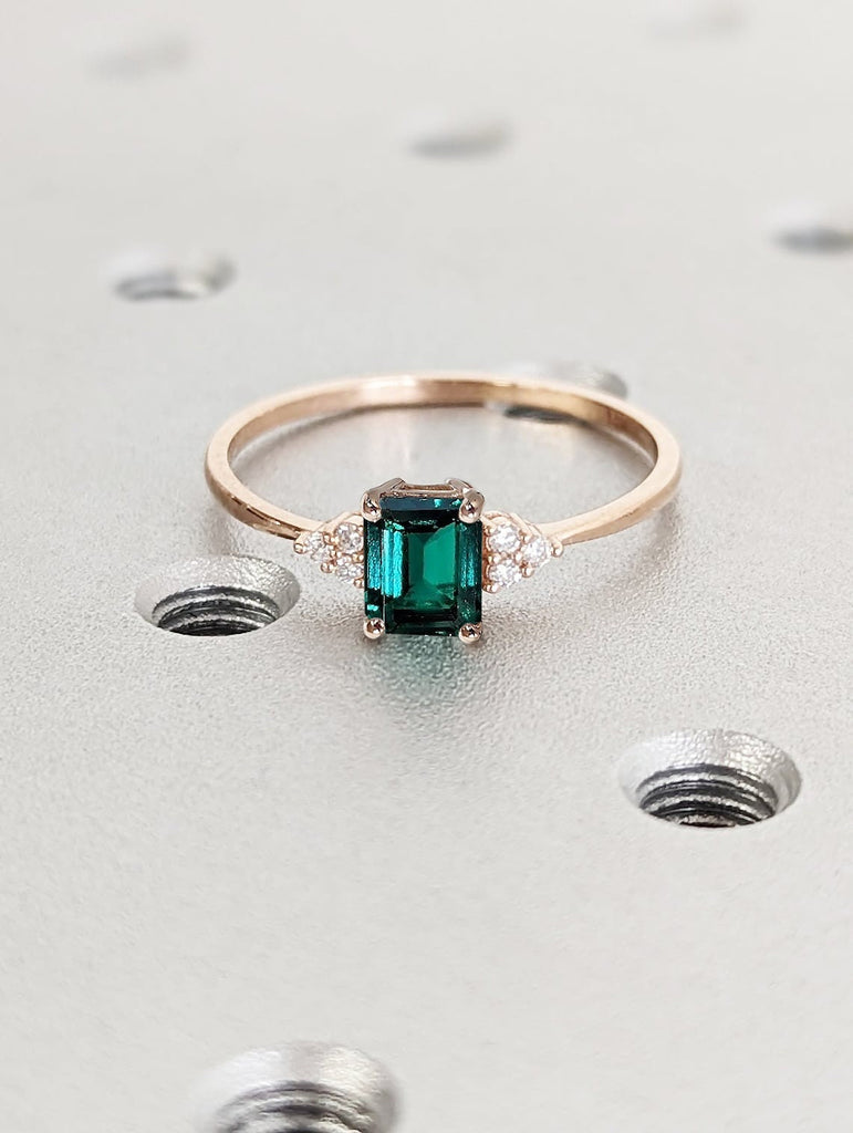 Vintage 1, 1.5, 2CT Lab Emerald Engagement Ring Emerald Cut | Antique 14K 18K Rose Gold Emerald Wedding Ring for Her | Woman Proposal Ring