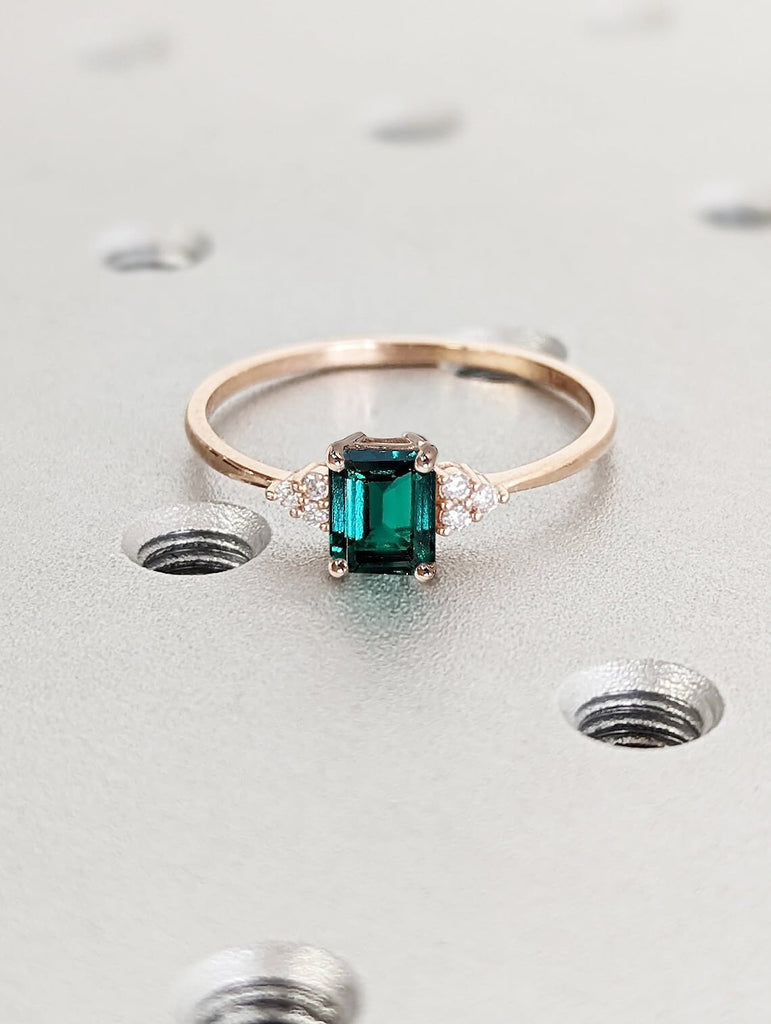 Green Lab Emerald Engagement Ring | Emerald cut May Birthstone Ring | Art Deco Unique Multi Stone Diamond Ring | Rose Gold Promise Ring