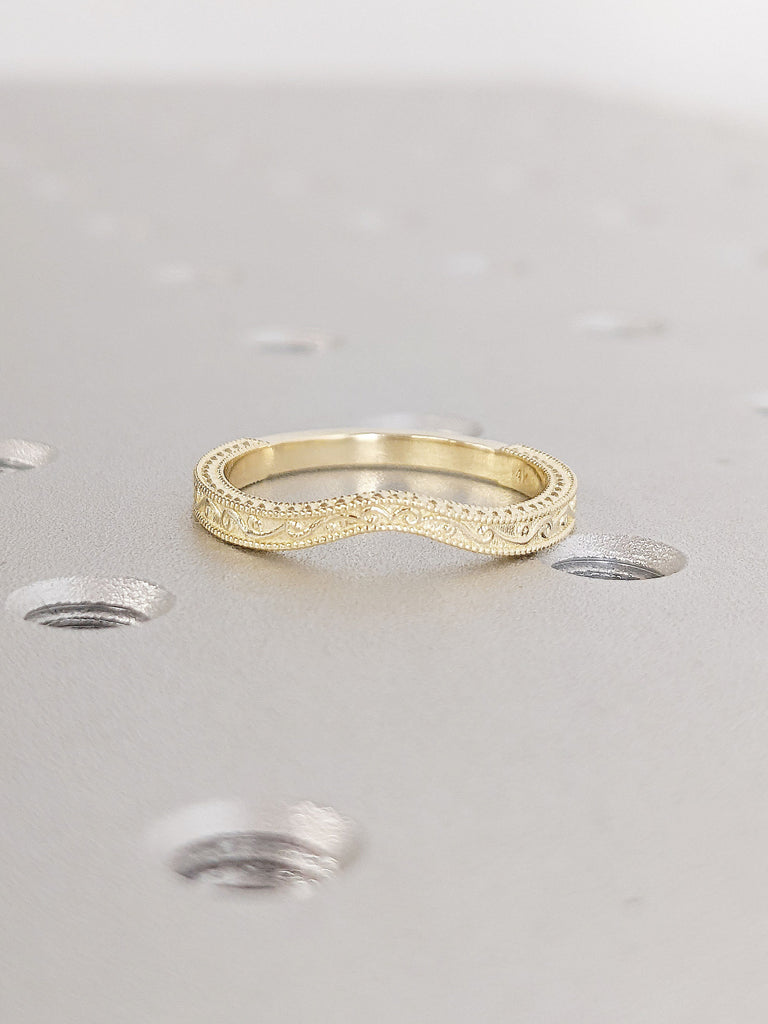 Vintage Filigree Dainty Ring, Stackable 14K 18K Solid Gold Platinum Ring, Stacking Vine Wedding Band