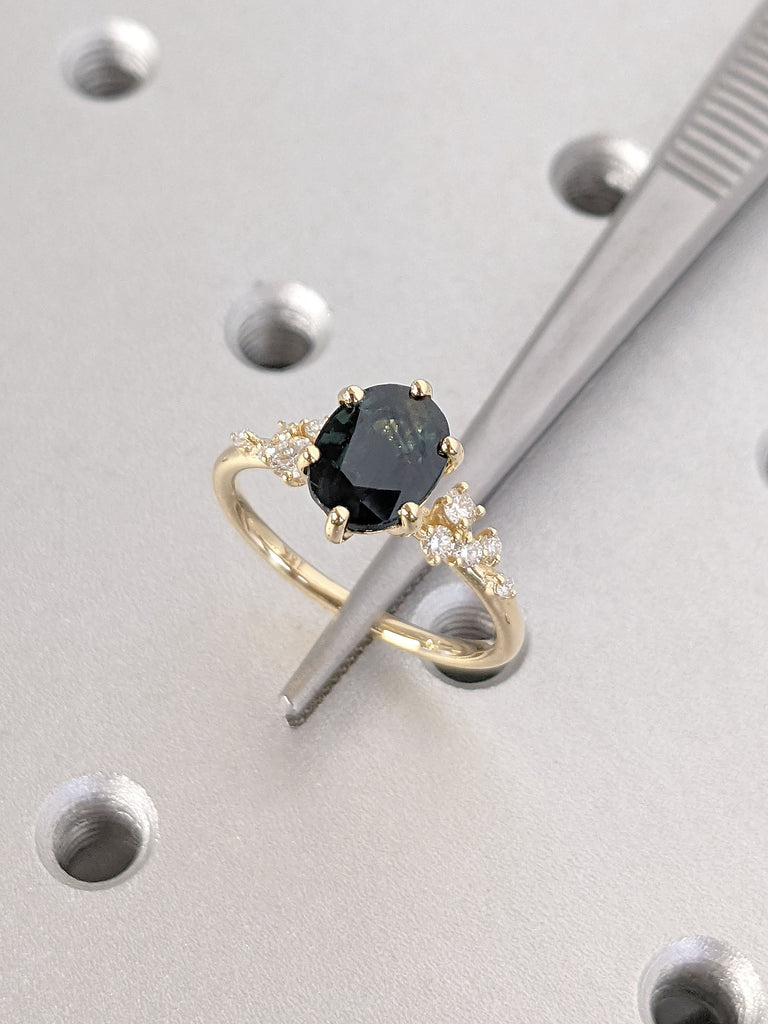 Delicate Vintage Engagement Ring | Natural Green Sapphire Yellow Gold Ring | Oval Cut Sapphire Snowdrift Diamond Ring | Her Anniversary Gift