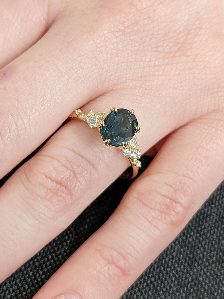 Art Deco Blue Green Sapphire Unique Proposal Ring for Her | Solid Gold Snowdrift Diamond Wedding Ring |woman Bridal Jewelry