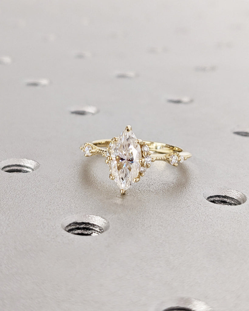 Vintage Marquise Moissanite Ring, Marquise Solitaire Engagement Ring, 14K Dainty Cluster Ring, Wedding Anniversary Gift, Unique Promise Ring