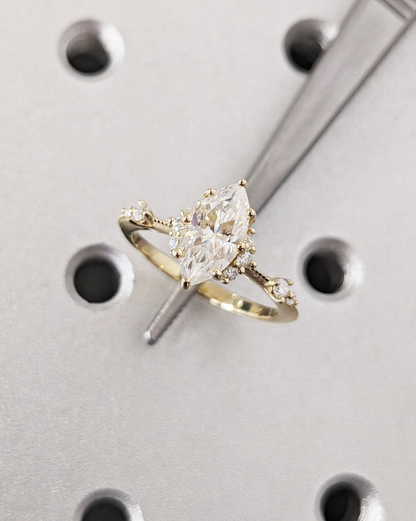 Vintage Marquise Moissanite Ring, Marquise Solitaire Engagement Ring, 14K Dainty Cluster Ring, Wedding Anniversary Gift, Unique Promise Ring