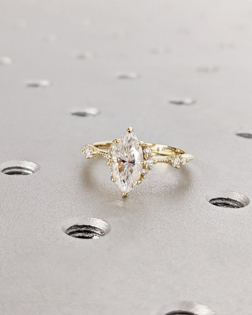 Vintage Style Inspired Engagement Ring, Marquise Cut Lab Grown Diamond Ring, Unique Art Deco Marquise Engagement Ring, 14K Anniversary Ring