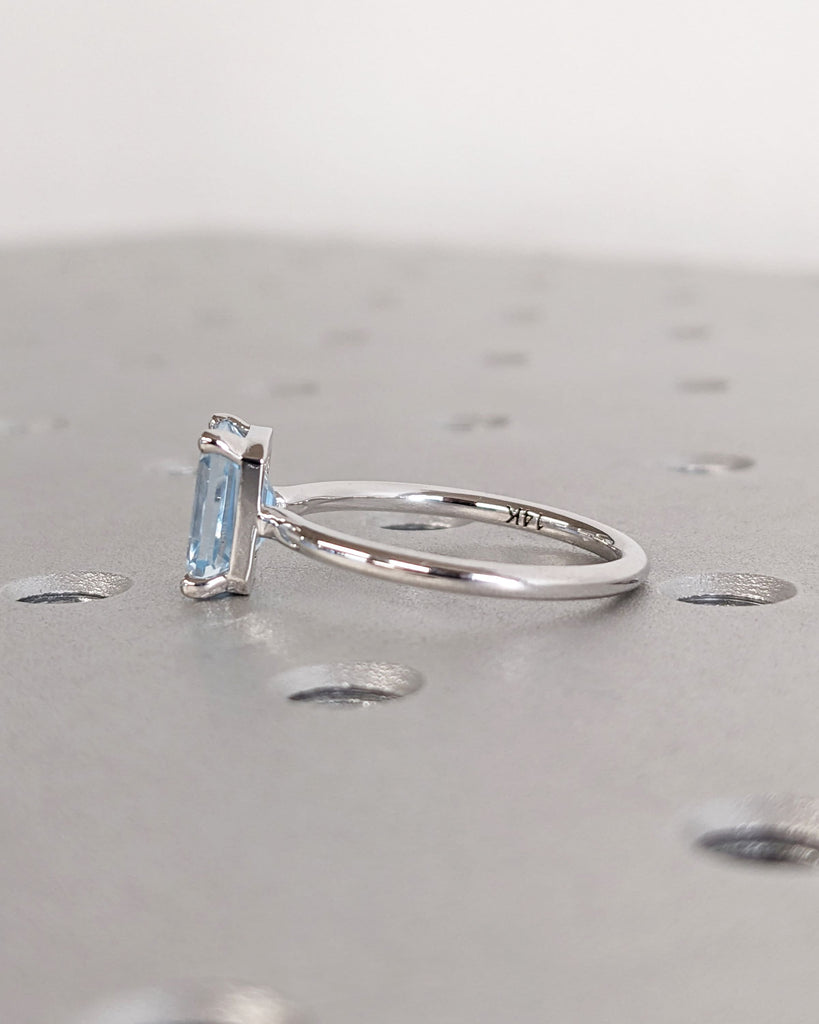 Low Profile Setting Lab Aquamarine Emerald Cut Solitaire Engagement Cocktail Ring | Yellow Gold Proposal Ring Custom Bridal Jewelry for Her