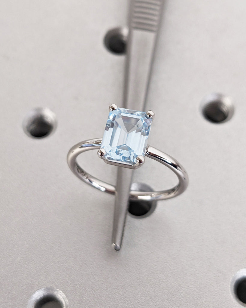 Low Profile Setting Lab Aquamarine Emerald Cut Solitaire Engagement Cocktail Ring | Yellow Gold Proposal Ring Custom Bridal Jewelry for Her