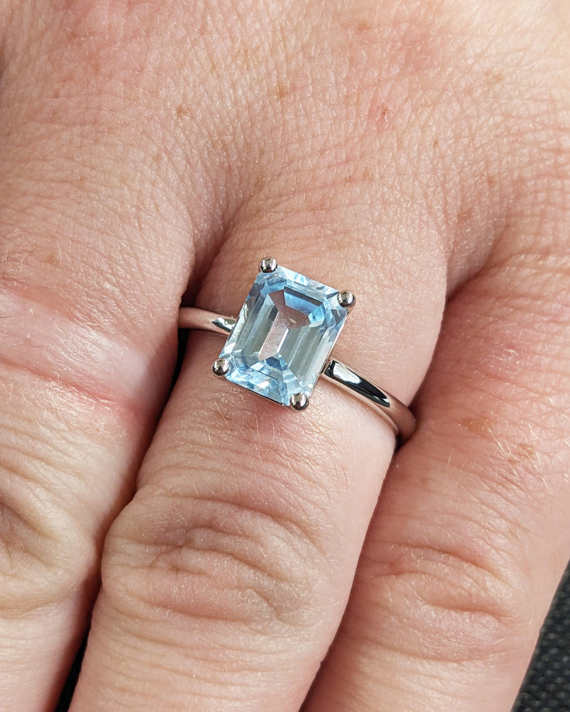 Low Profile Setting Lab Aquamarine Emerald Cut Solitaire Engagement Cocktail Ring | Yellow Gold Proposal Ring Custom Bridal Jewelry for Her