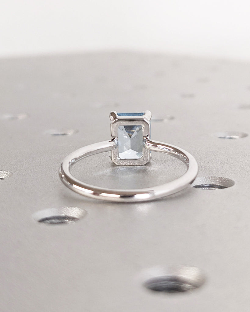 Low Profile Setting Lab Aquamarine Emerald Cut Solitaire Engagement Cocktail Ring | Yellow Gold Proposal Ring Custom Bridal Jewelry for Her