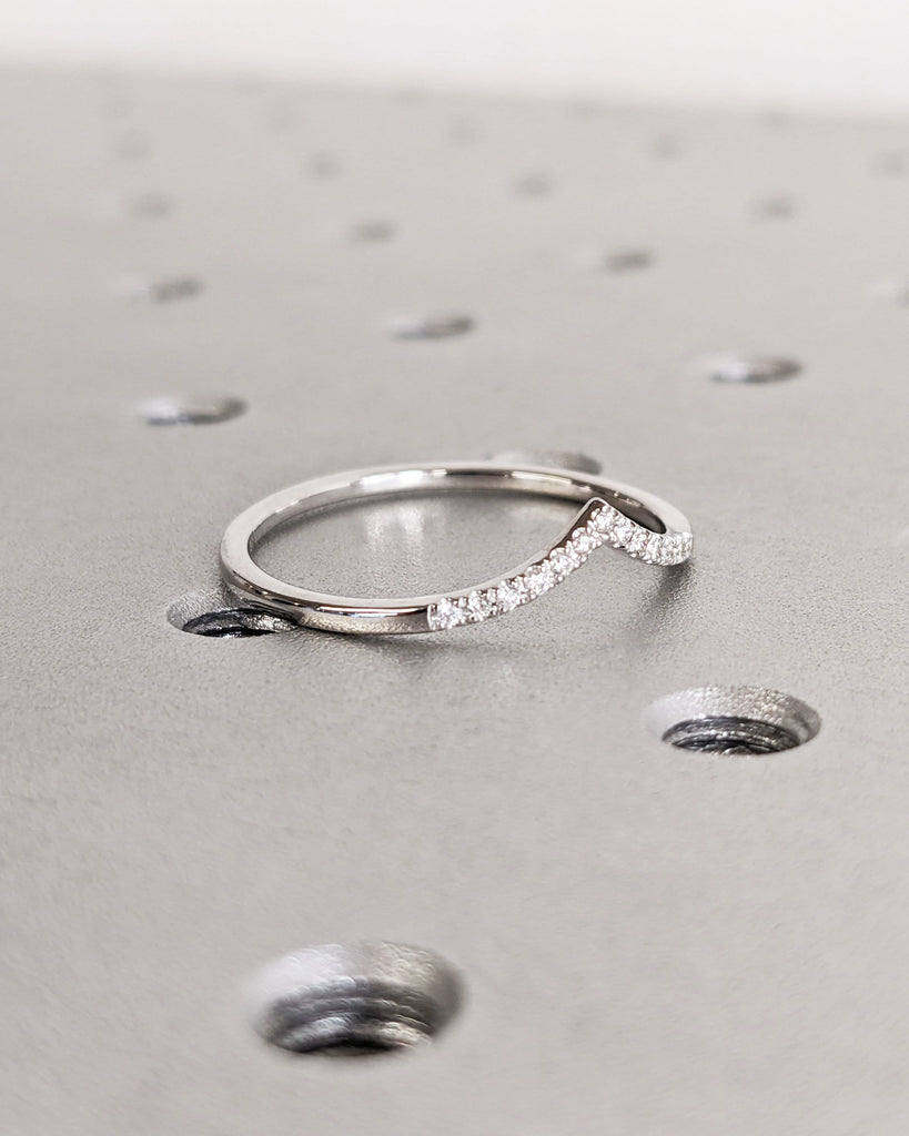 Round Cut Diamond Chevron Engagement Ring, 14K White Gold V Shaped Matching Wedding Band, Half Eternity Stacking Ring