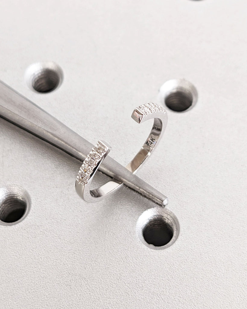 Open Gap Round Diamond Matching Engagement Ring, 14K Solid White Gold Pavé Wedding Band, Dainty Promise Ring