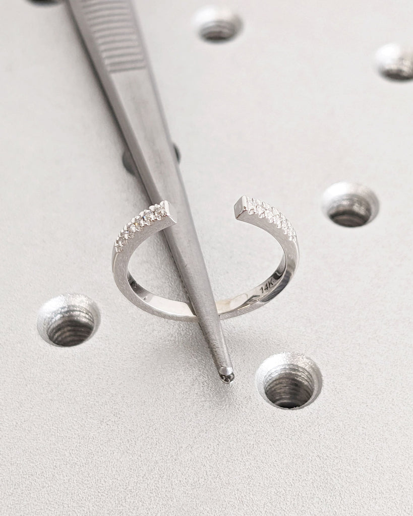 Open Gap Round Diamond Matching Engagement Ring, 14K Solid White Gold Pavé Wedding Band, Dainty Promise Ring