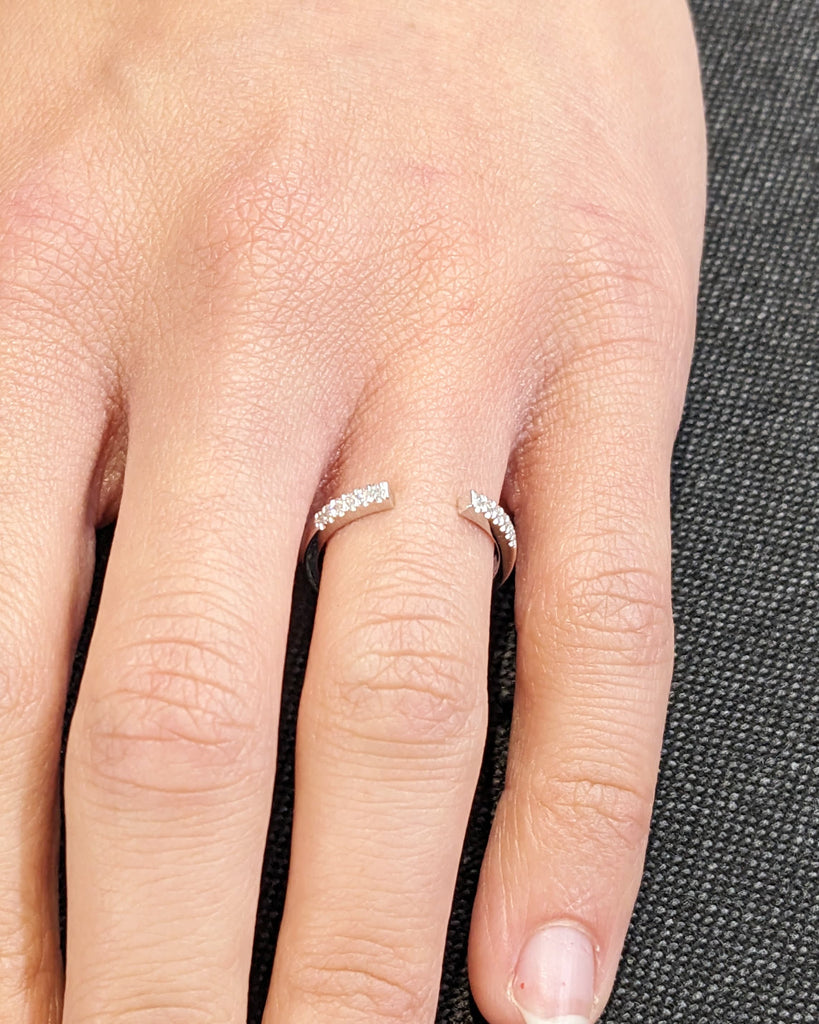 Open Gap Round Diamond Matching Engagement Ring, 14K Solid White Gold Pavé Wedding Band, Dainty Promise Ring