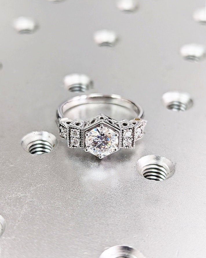 Vintage Moissanite Engagement Ring 14K White Gold Diamond Art Deco Wedding Ring Diamond Vintage Filigree Ring Engagement Anniversary Promise