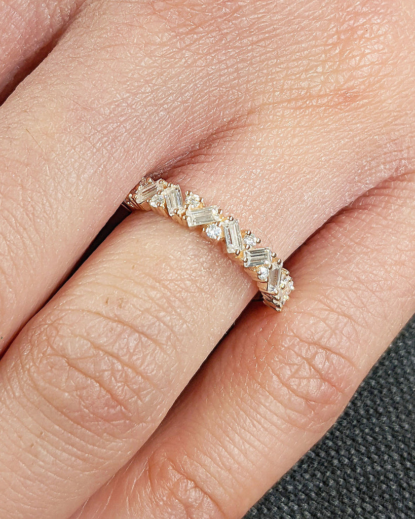 Diamond Cluster Ring | 14K Gold Diamond Ring | Baguette and Round Diamond Stacking Diamond Ring | 14k Solid Rose, White, Yellow Gold Band