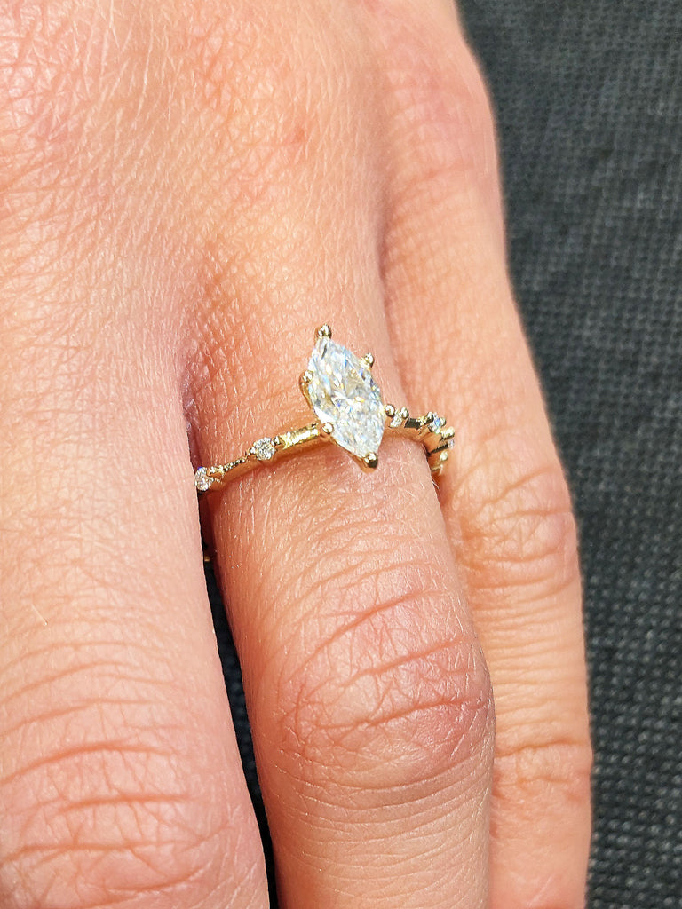 Marquise Lab Diamond Solitaire Engagement Ring | Yellow Gold Moissanite Hidden Halo Cute Promise Ring | Commitment Rings | Knife-Edge Band