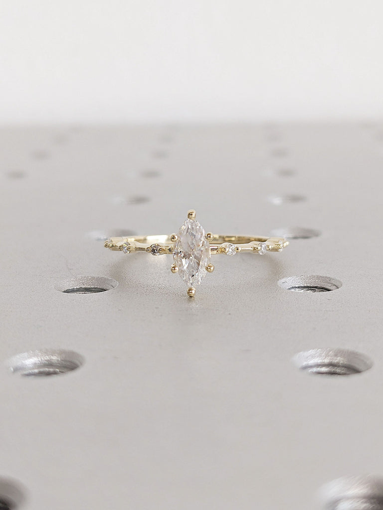 Marquise Lab Diamond Solitaire Engagement Ring | 14K Yellow Gold Diamond Hidden Halo Dainty Promise Ring | Custom Wedding Anniversary Ring