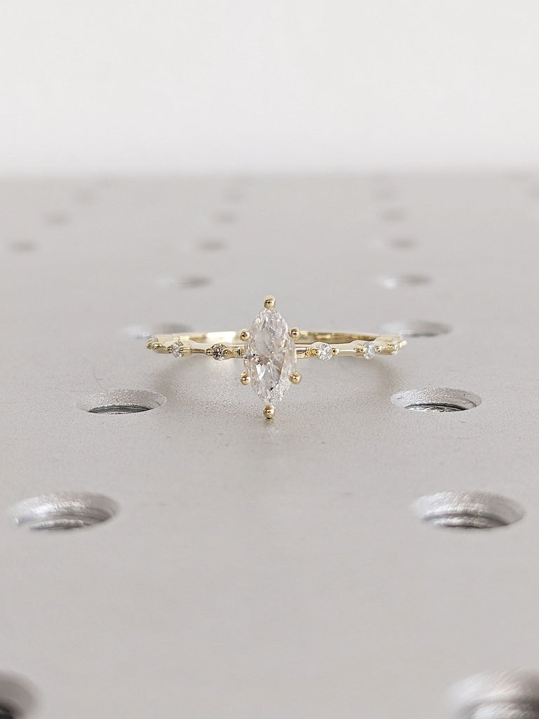 Marquise Lab Diamond Solitaire Engagement Ring | Yellow Gold Moissanite Hidden Halo Cute Promise Ring | Commitment Rings | Knife-Edge Band