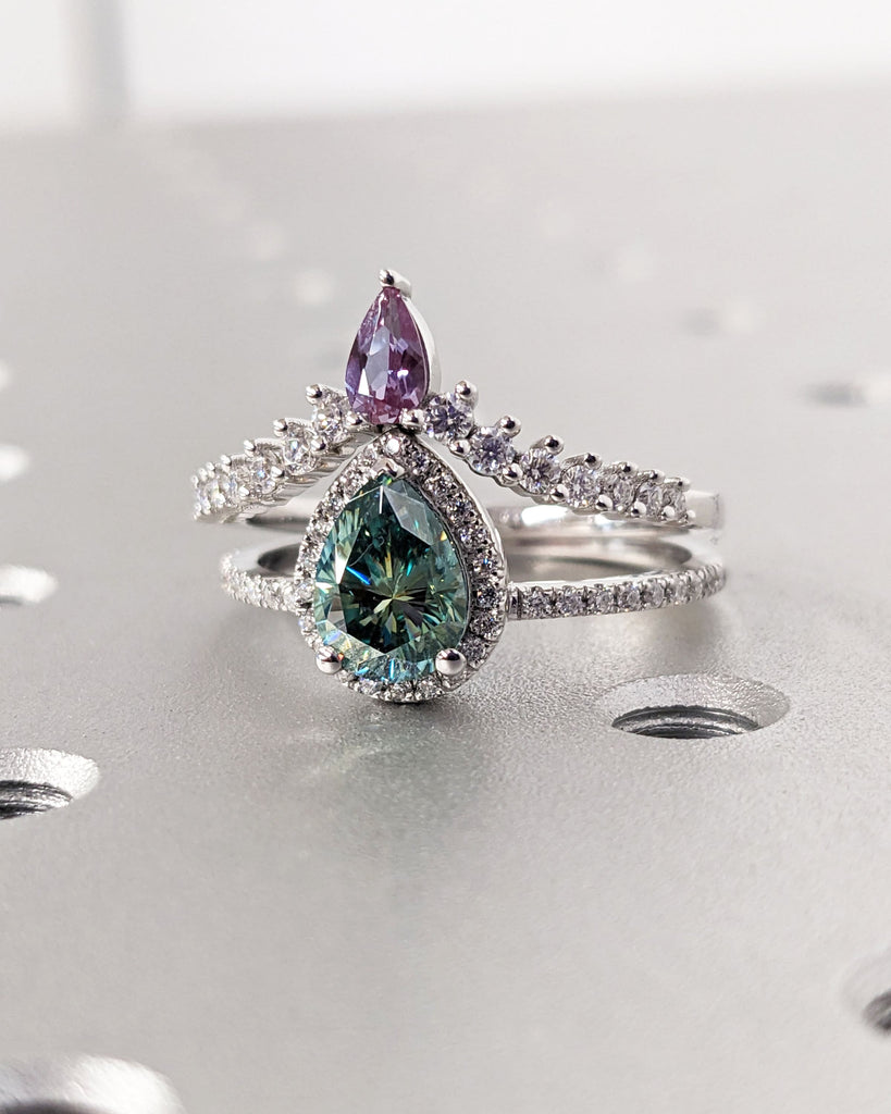 Vintage Green Moissanite and Purple Alexandrite Stacking Ring Set | Solid White Gold Unique Chevron Diamond Cluster Ring | Diamond Halo Ring