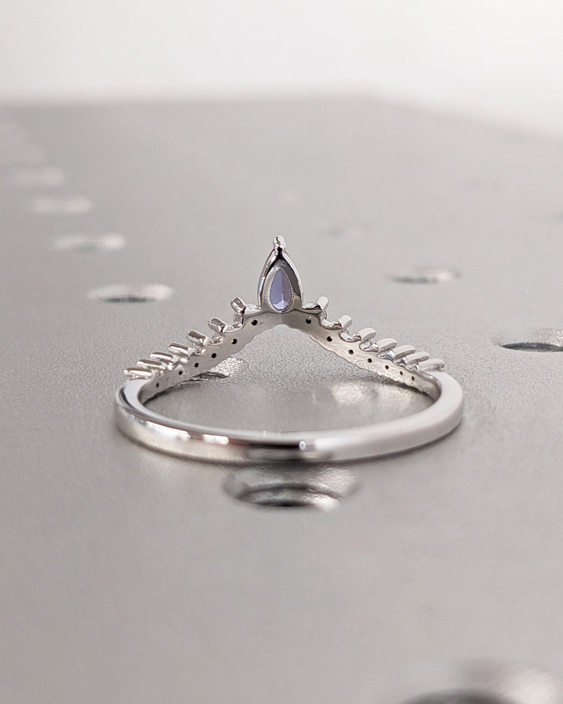 Curved Pear Alexandrite Wedding Band | Solid 14k White Gold Chevron Half Eternity Stacking Ring | Dainty Wedding Ring | Women Bridal Jewelry