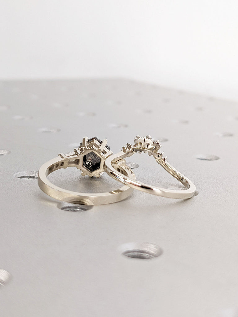 Hexagon Natural Salt and Pepper Diamond Engagement Ring | 14K White Gold Diamond Curve Wedding Band Bridal Set | Anniversary Gift Ring Set