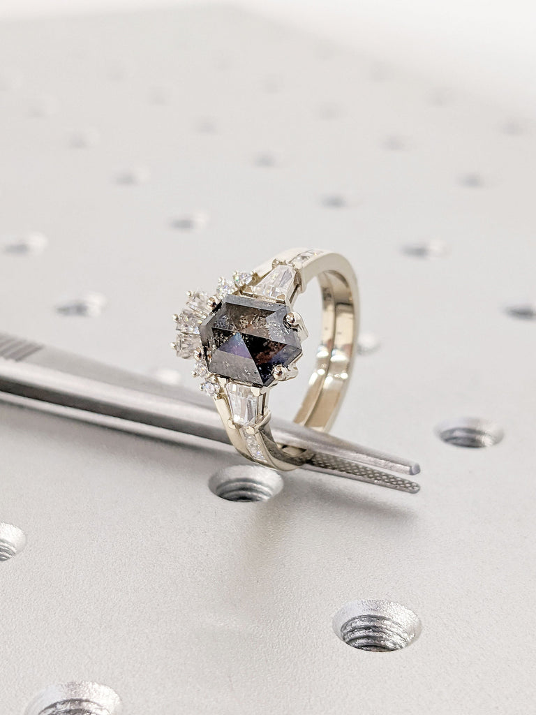 Hexagon Salt and Pepper Grey Diamond Engagement Ring Set | White Gold Moissanite Curve Wedding Band Bridal Set | Anniversary Gift Ring Set