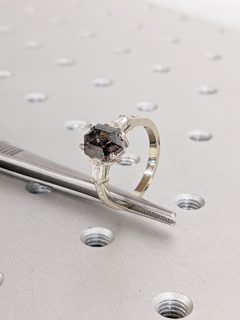 Hexagon Salt and Pepper Grey Diamond Engagement Ring Set | White Gold Moissanite Curve Wedding Band Bridal Set | Anniversary Gift Ring Set