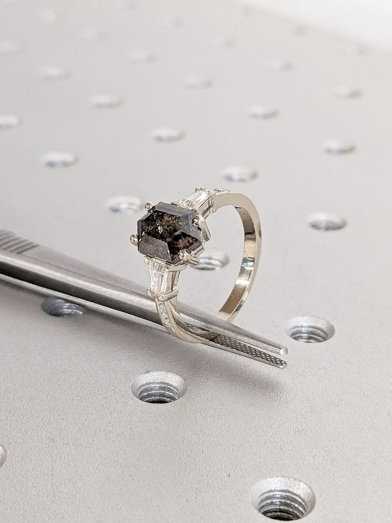 Hexagon Natural Salt and Pepper Diamond Engagement Ring | 14K White Gold Diamond Curve Wedding Band Bridal Set | Anniversary Gift Ring Set