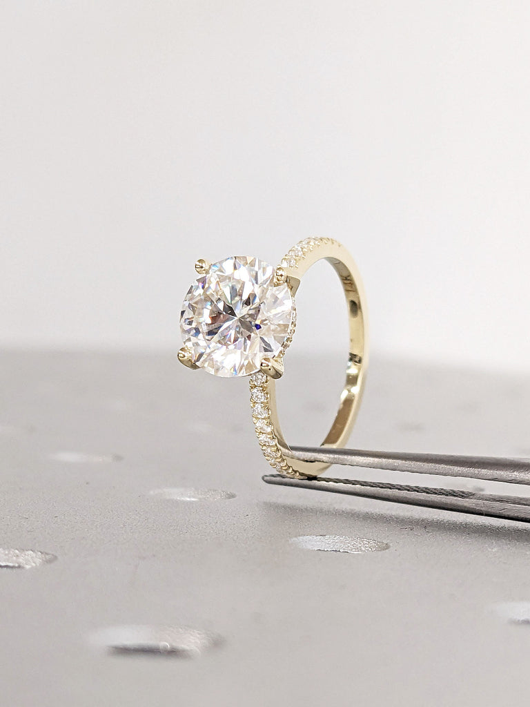 Round cut Lab Grown Diamond Engagement Ring | 1.6mm Thin Gold Band | Hidden Halo Proposal Ring | Diamond Eternity Band | Simple Promise Ring