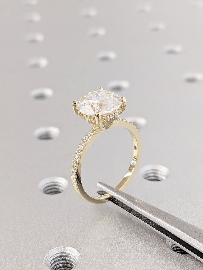 Round cut Lab Grown Diamond Engagement Ring | 1.6mm Thin Gold Band | Hidden Halo Proposal Ring | Diamond Eternity Band | Simple Promise Ring