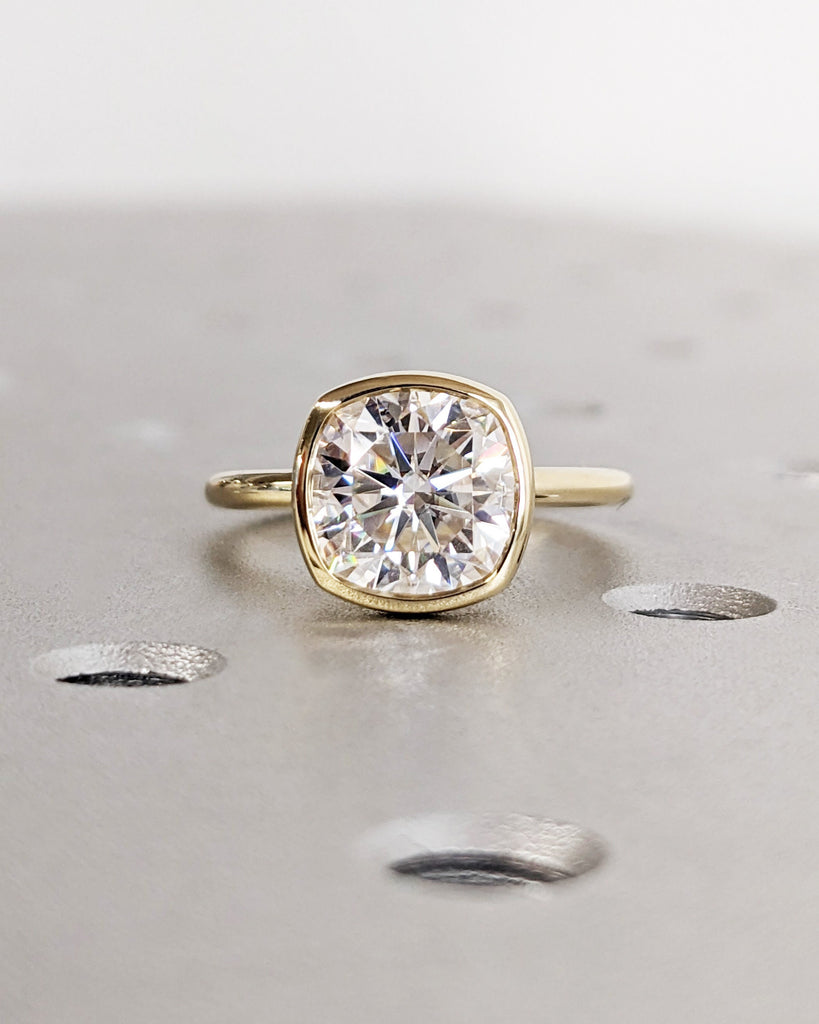 Cushion Cut Moissanite Solitaire Ring, 14K 18K Yellow Gold Engagement Ring, Bezel Setting, Statement Ring, Gift For Her, Vintage Bridal Set