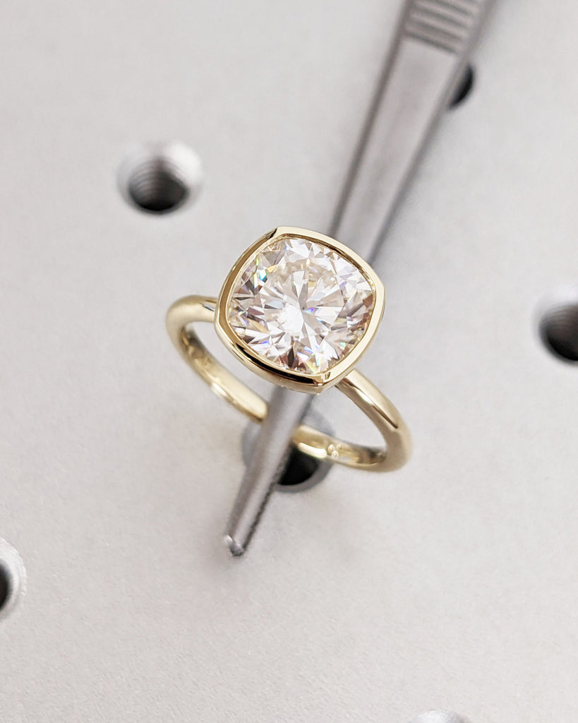Cushion Cut Moissanite Solitaire Ring, 14K 18K Yellow Gold Engagement Ring, Bezel Setting, Statement Ring, Gift For Her, Vintage Bridal Set