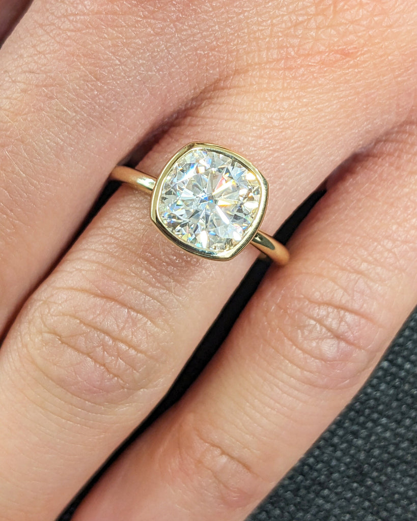 Cushion Cut Moissanite Solitaire Ring, 14K 18K Yellow Gold Engagement Ring, Bezel Setting, Statement Ring, Gift For Her, Vintage Bridal Set