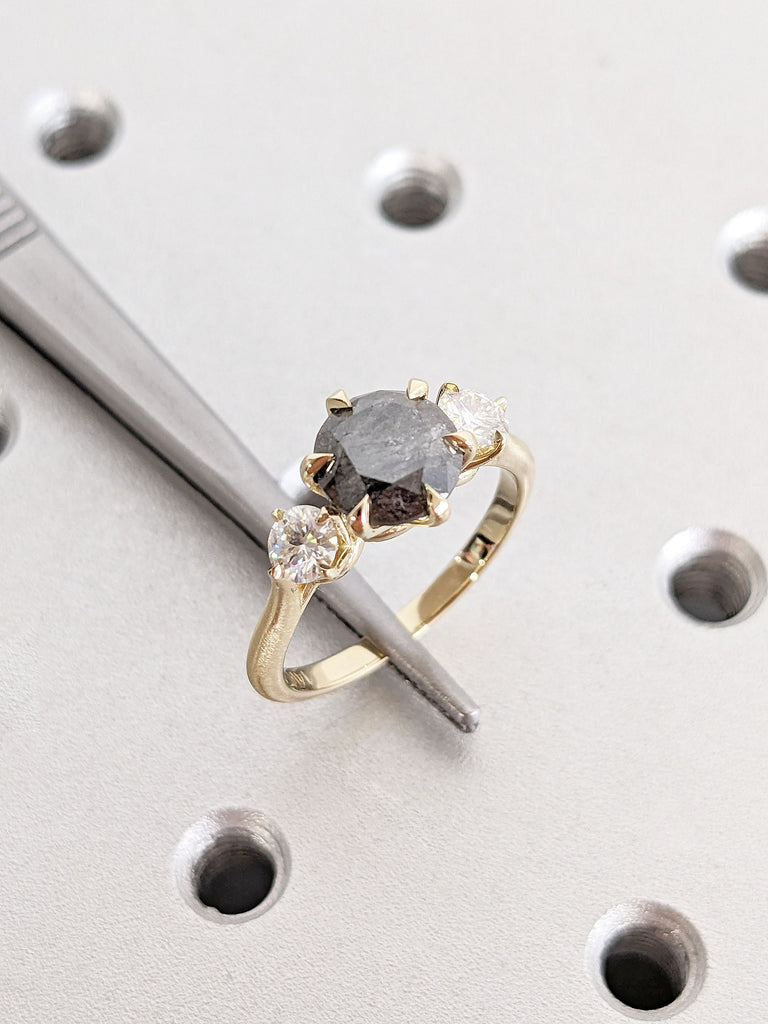 2 Carat Natural Salt and Pepper Grey Diamond Solitaire Proposal Ring | Talon Prong Ring | Solid Gold Matte Finish Wedding Band