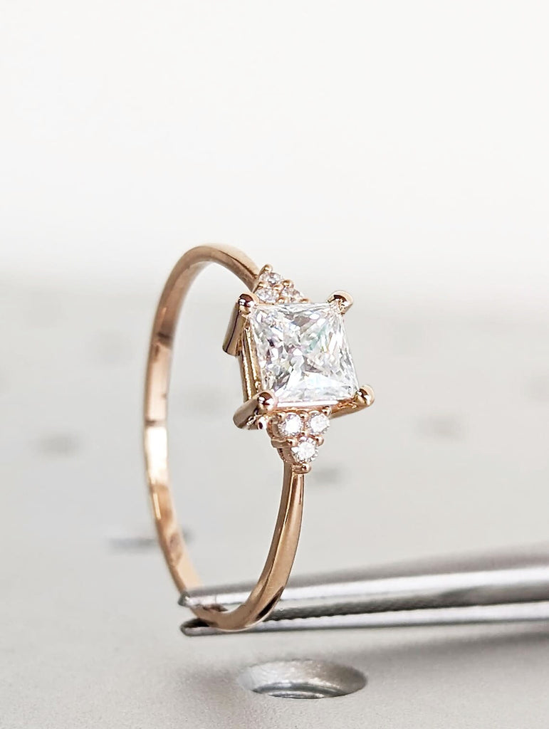 Princess cut VVS Moissanite Woman Engagement Ring | 14K Rose Gold Tapered Wedding Band | Diamond Cluster Ring | Alternative Bridal Jewelry