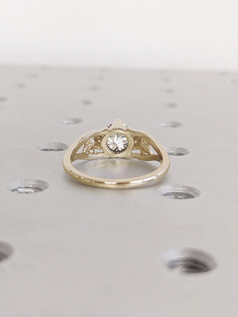 Nature Inspired Lab Grown Diamond Three Stone Wedding Anniversary Ring | Split Shank 18K Yellow Gold Ring | Moissanite Flower Promise Ring