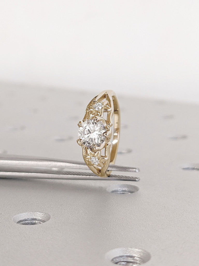 Floral Three Stone Diamond Wedding Band for Her | Solid Yellow Gold Custom Ring