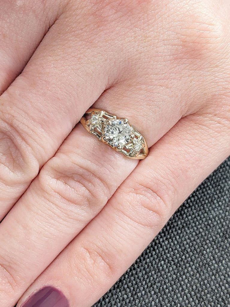 18K Yellow Gold Ring | White Moissanite Three Stone Unique Proposal Ring for Her