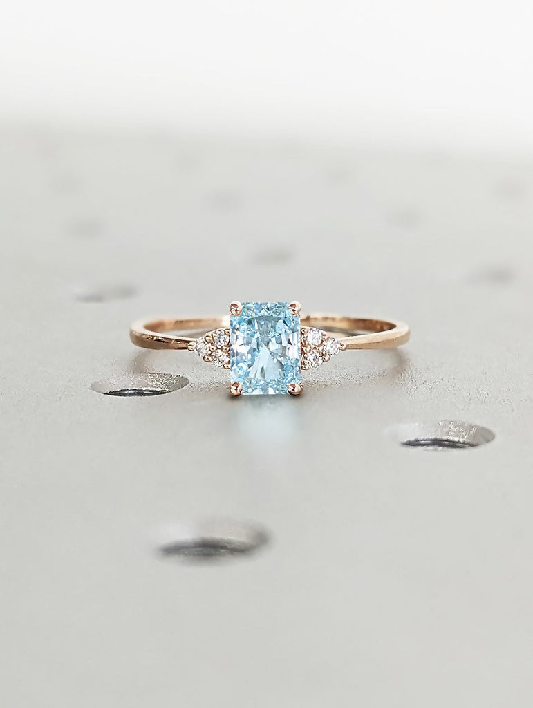 Art Deco Lab Aquamarine Woman Engagement Cocktail Ring | Radiant cut Ring | Vintage Rose Gold Simple Promise Ring