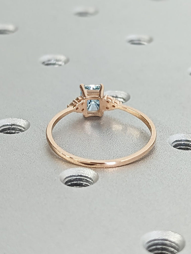 Vintage Lab Aquamarine Engagement Ring Radiant Cut | Antique Rose Gold Diamond Cluster Wedding Ring | March Birthstone Anniversary Ring