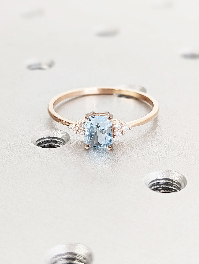 Vintage Lab Aquamarine Engagement Ring Radiant Cut | Antique Rose Gold Diamond Cluster Wedding Ring | March Birthstone Anniversary Ring